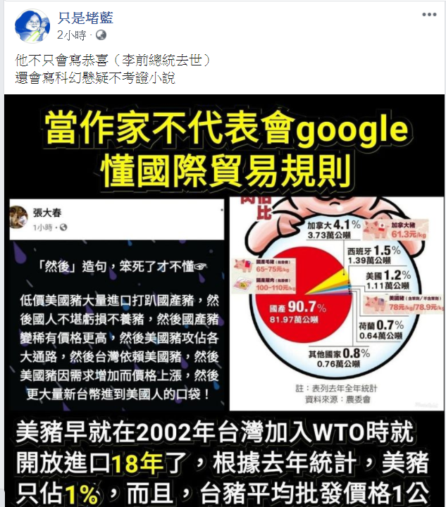 只是堵藍在臉書回嗆張大春的觀點，稱美豬早已可進口台灣，含瘦肉精的美豬只會更難賣。 圖：翻攝只是堵藍粉專