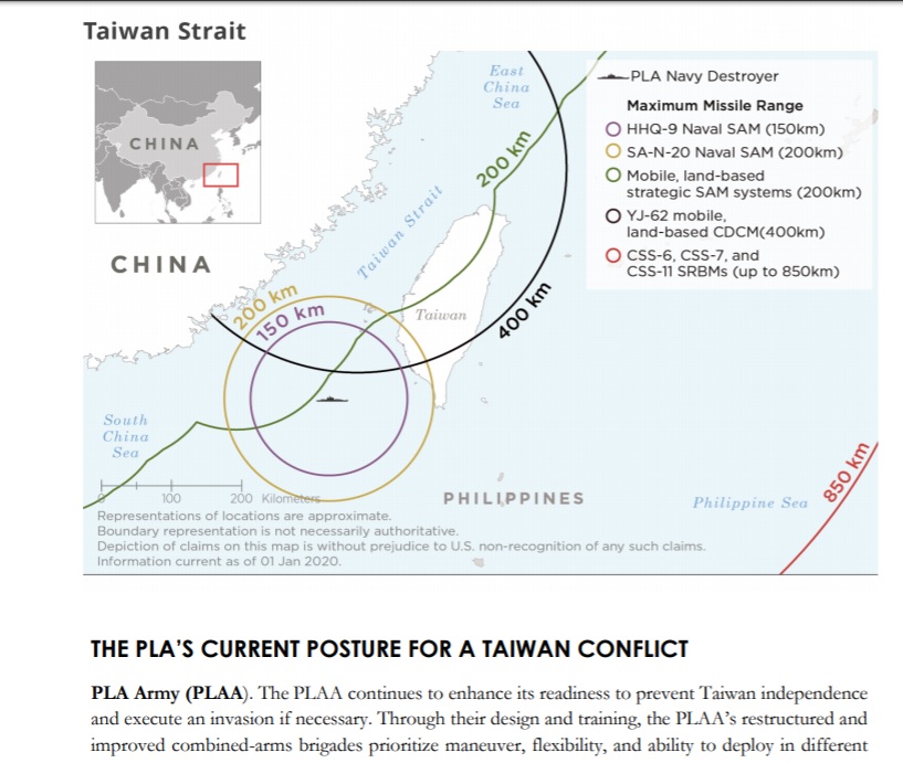 美國防部1日公布《2020年中國軍力報告》，列出中國在台灣海峽部署的飛彈軍力，指解放軍從未放棄以武力犯台。 圖：翻攝自美國防部