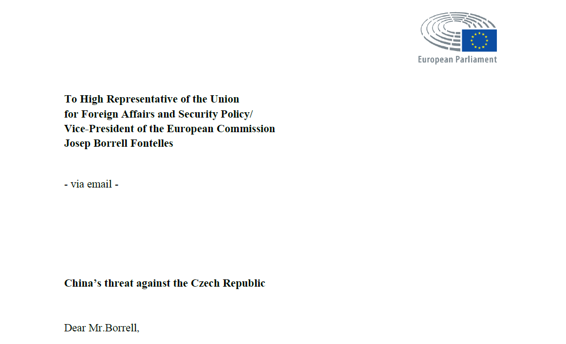 歐洲議會議員聯名致函呼籲歐盟（EU）外交和安全政策高級代表波瑞爾（Josep Borrell）表態力挺捷克。 圖:gregorova.eu