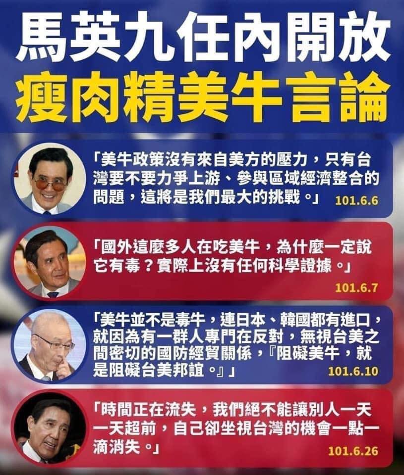 王定宇摘錄馬執政時期對美牛進口的言論，批其前後態度不一。 圖：翻攝自王定宇臉書