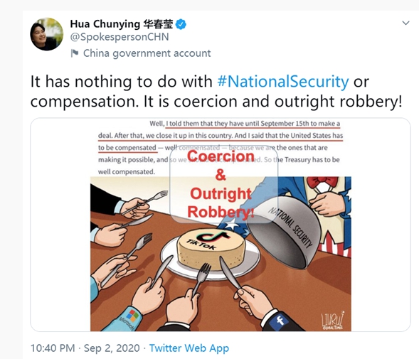 「這是脅迫和公然搶劫！」中國外交部發言人華春瑩昨 (2) 日深夜在社交媒體推特上寫，同時還配了一張漫畫圖。 圖 : 翻攝自華春瑩推特