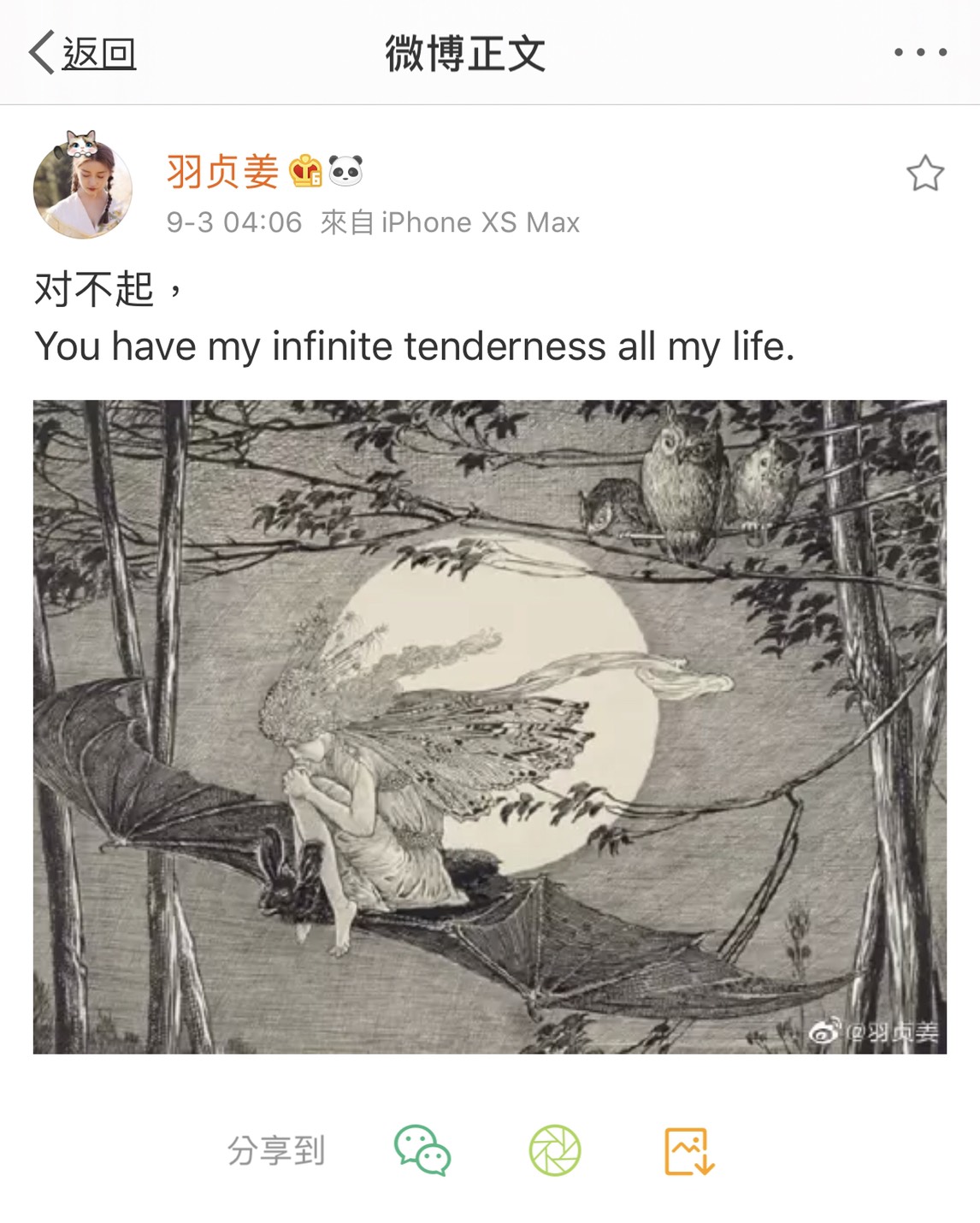 豈料公司聲明發出不到半天時間，姜貞羽就在自己微博私人帳號發文，並引用了女同志片的經典台詞，引發外界好奇。 圖：翻攝微博