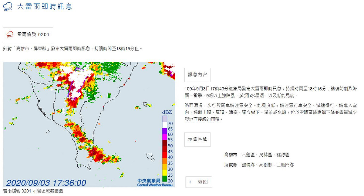 高雄市、屏東縣下班時有大雷雨情況發生。 圖：中央氣象局/提供