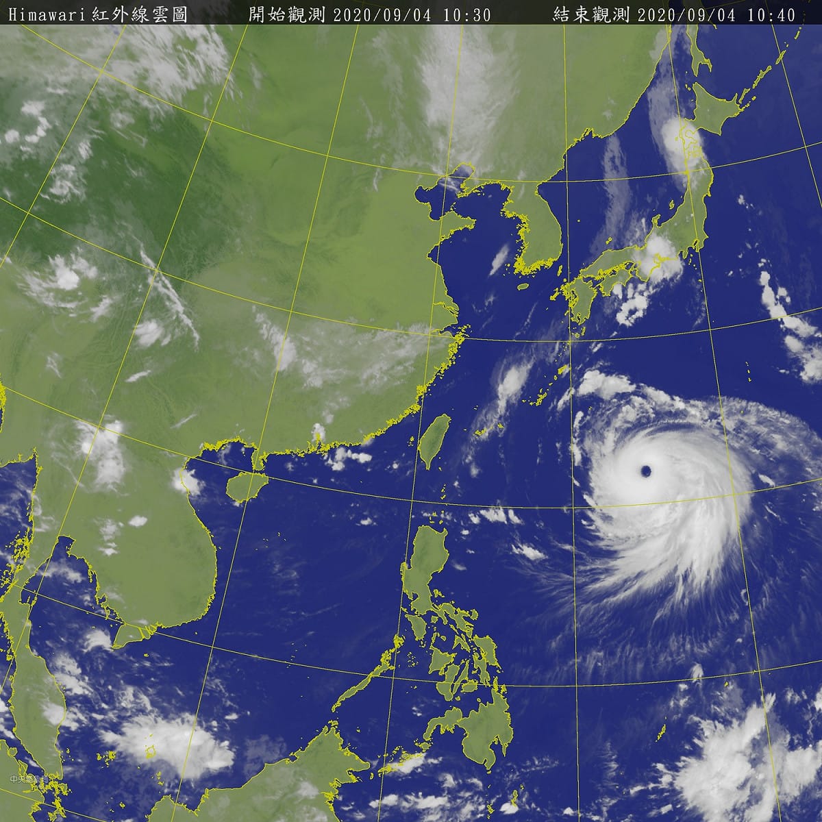 衛星雲圖上可見位在台灣東南東方向的海神，颱風眼清晰可見，今天早上8點已增強為強烈颱風。 圖：中央氣象局/提供