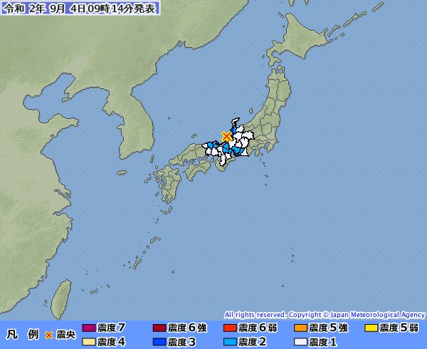 日本福井縣在當地時間4日上午9時許發生規模5.0地震，震源位於福井縣嶺北，深度約10公里。 圖：取自日本氣象廳網頁