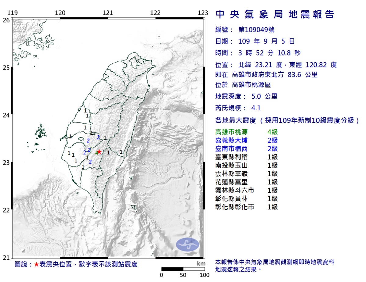 高雄清晨規模4.1地震擾人清夢。 圖/氣象局