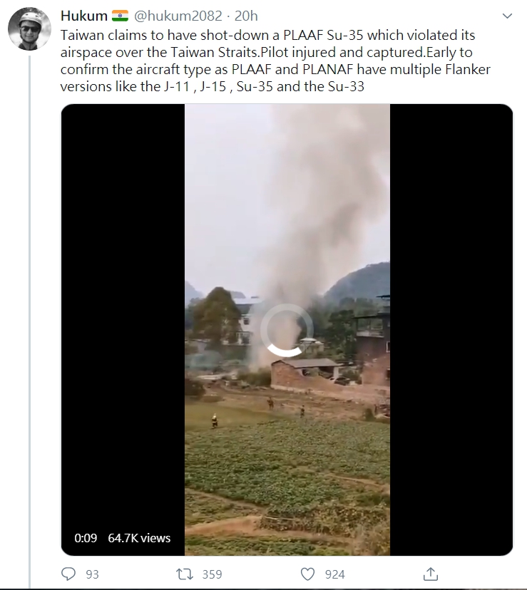 推特瘋傳的貼文宣稱，台灣射下了侵入台灣海峽領空的中國蘇愷35戰機。 圖取自推特。