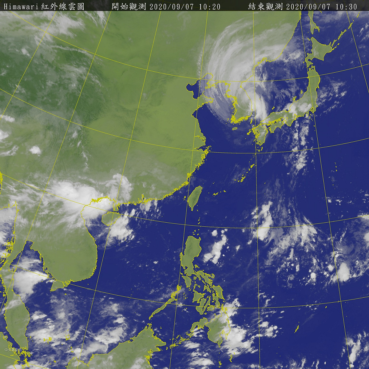 衛星雲圖上顯示，海神已登錄南韓，雖未直接影響台灣，但受外圍環流影響，沿海仍有3米以上的長浪，提醒前往海邊活動的民眾，務必小心。 圖：中央氣象局/提供