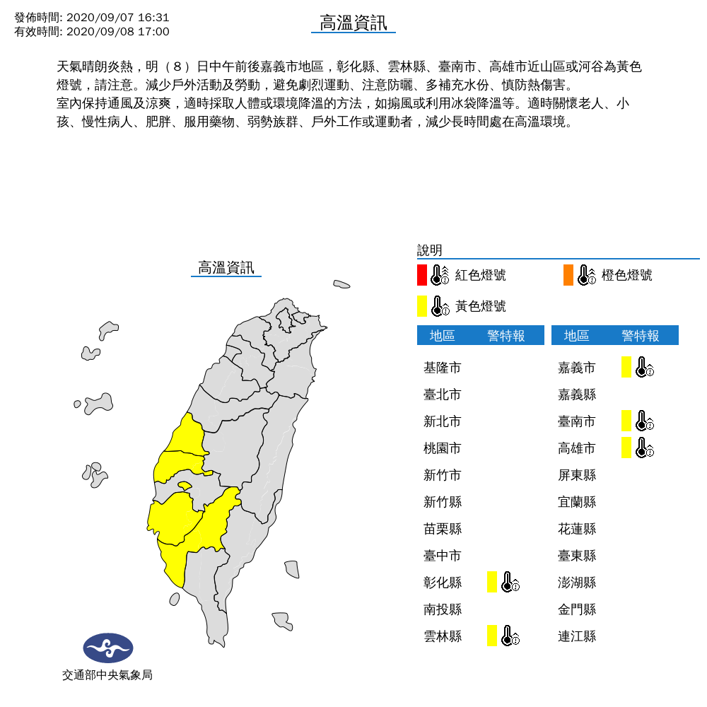 今天高溫縣市較少，高溫範圍包括彰化縣、雲林縣、嘉義市、台南市、高雄市。 圖：中央氣象局/提供