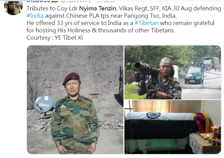 在印中邊境衝突中陣亡的藏族軍官尼瑪丹增，被印度與西藏人士視為英雄，印度軍方為他棺槨覆蓋雪山獅子旗（右下圖）。 圖：翻攝自theZULU推特