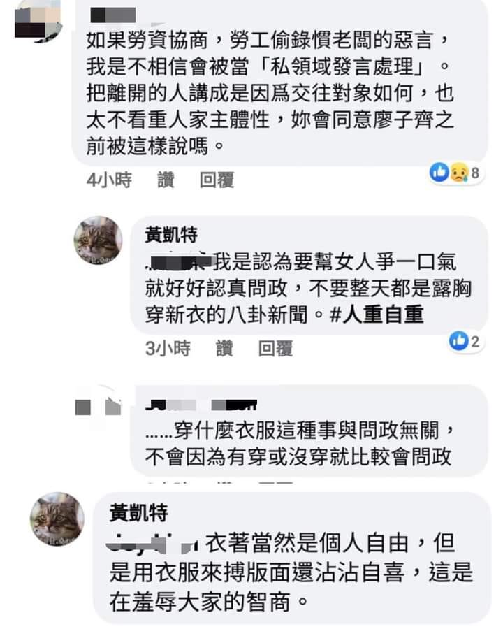 黃凱特在臉書抨擊賴品妤「拿衣服來搏版面」，要她好好問政，不要成天傳出露胸穿新衣的新聞。 圖：翻攝臉書