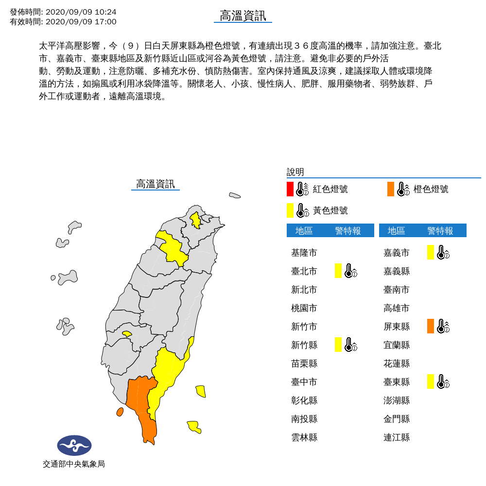 今天全台高溫分布圖。 圖：中央氣象局/提供
