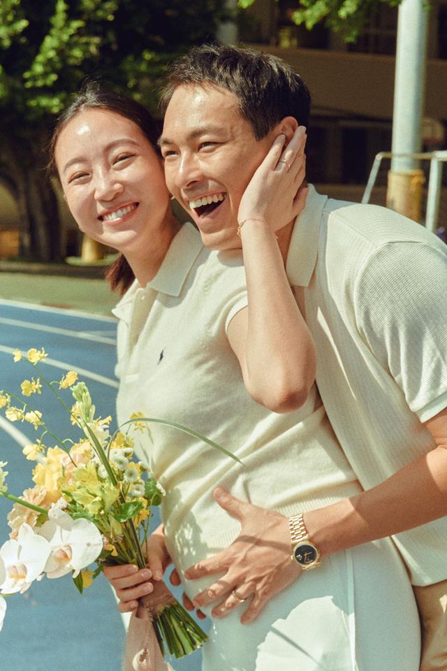 楊祐寧(右)今天曬出他與妻子Melinda及Melinda腹中女兒的合照。 圖：翻攝臉書粉絲專頁
