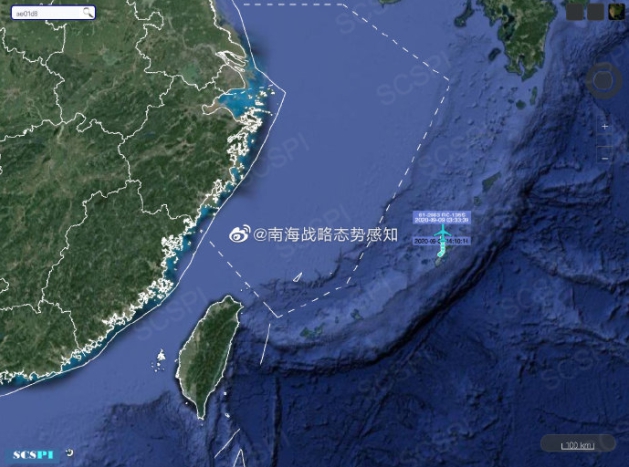 中國的智庫「南海戰略態勢感知」計畫平臺公佈疑似美機路線。 圖 : 翻攝自「南海戰略態勢感知」計畫平臺