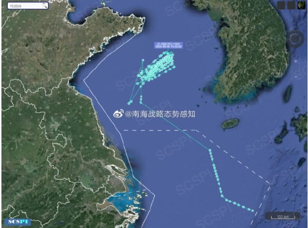中國的智庫「南海戰略態勢感知」計畫平臺公佈疑似美機路線，疑似衝著解放軍渤海軍演而來。 圖 : 翻攝自「南海戰略態勢感知」計畫平臺