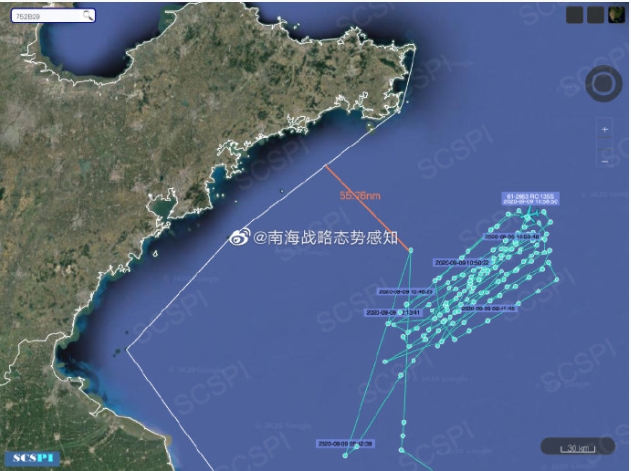 中國的智庫「南海戰略態勢感知」計畫平臺公佈疑似美機路線。 圖 : 翻攝自「南海戰略態勢感知」計畫平臺
