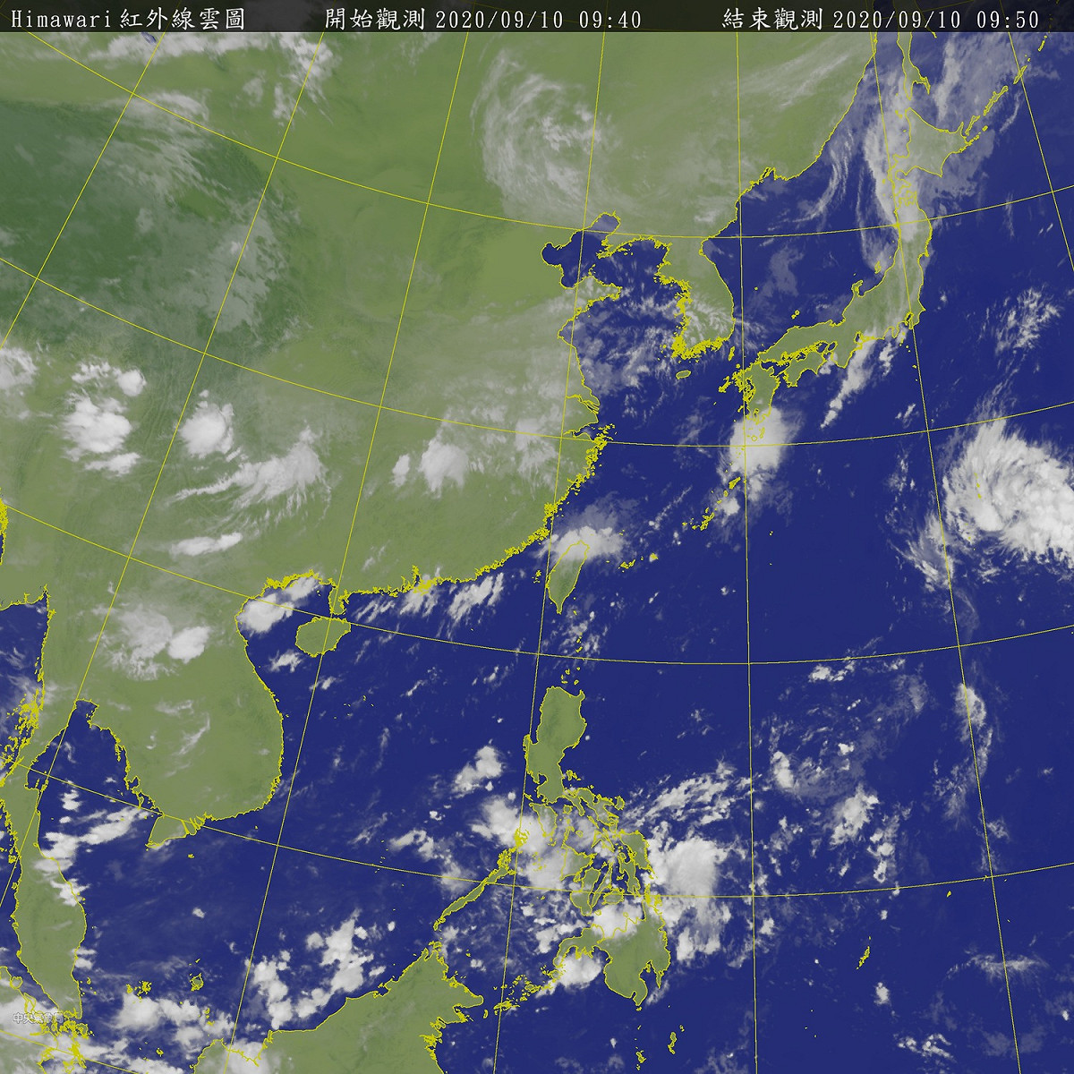 從衛星雲圖是顯示，台灣北方上空有一到鋒面報到，太平洋區域目前無擾動跡象。 圖：中央氣象局/提供