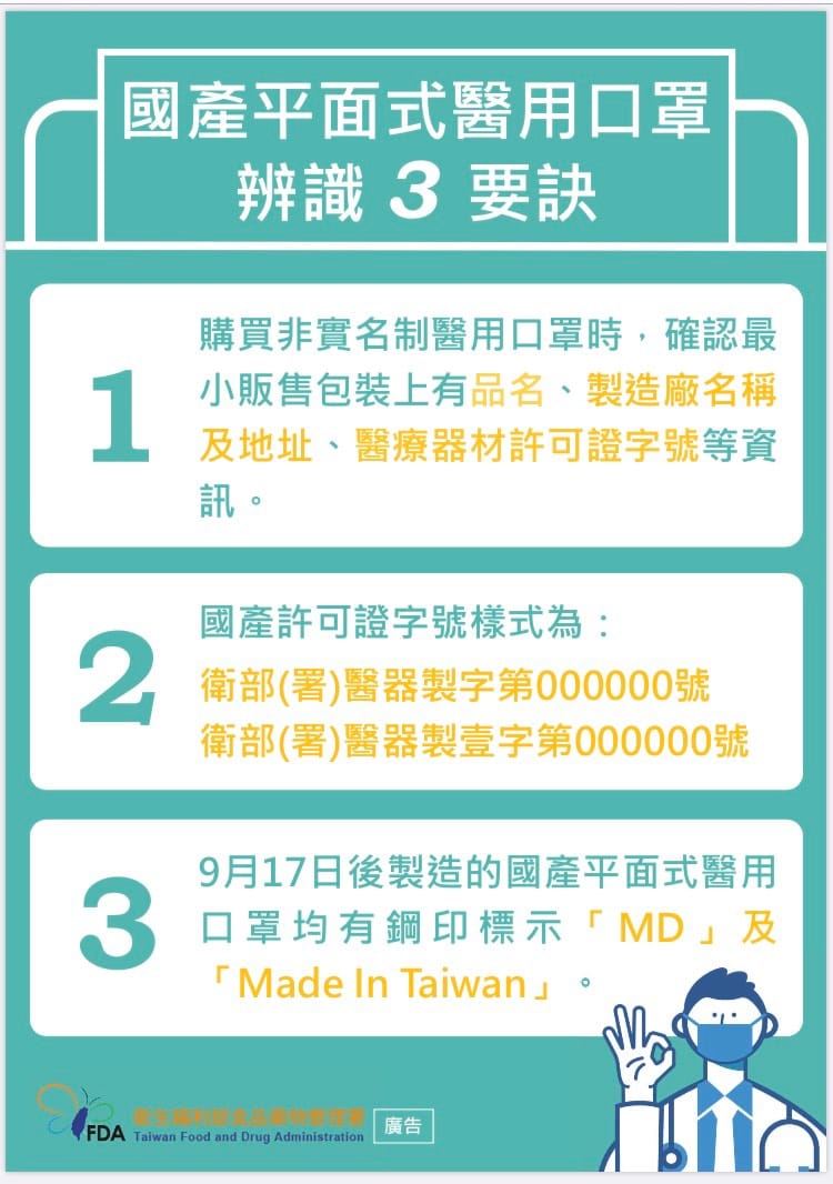 食藥署今預告將9月17強制所有國產平面式醫用口罩印上「MD」及「Made In Taiwan」兩種鋼印。 圖：衛福部 提供