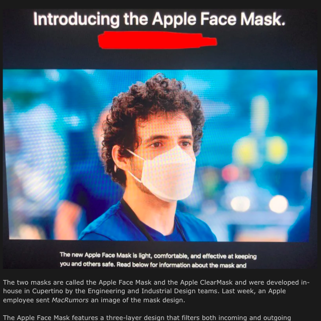 蘋果員工向外國媒體《MacRumors》透露蘋果口罩外貌。 圖：擷取自《MacRumors》網頁