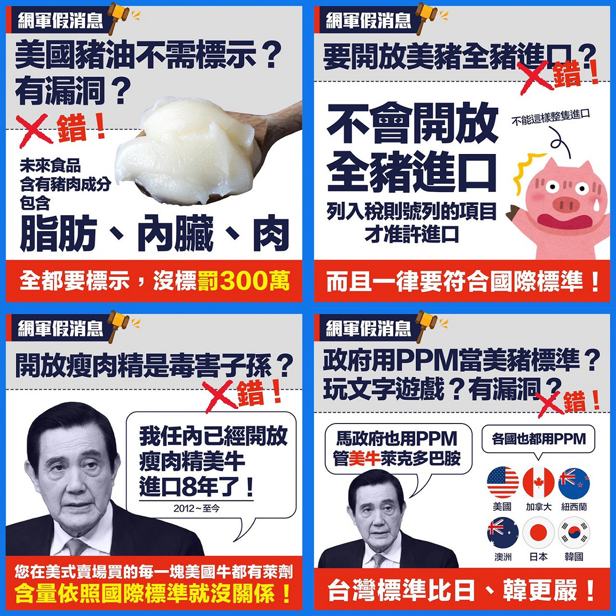 附圖5、6、7、8有關開放美豬美牛謠言，從PPM的標示、脂肪等需要標示、全豬沒有開放進口、萊克多巴胺牛已經進口八年等謠言，真相在這裡！ 圖：截取自王定宇臉書
