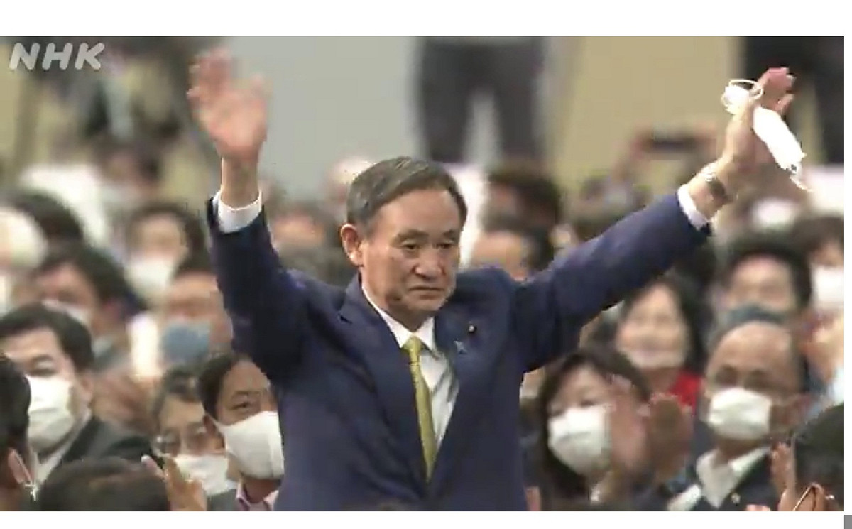 菅義偉拿了377票，獲得壓倒性勝利。 圖：翻攝自NHK轉播