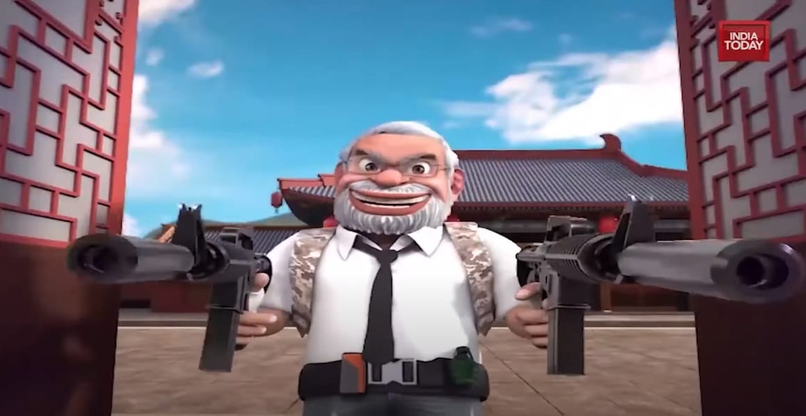 莫迪在卡通中持雙槍 圖:擷取自Youtube