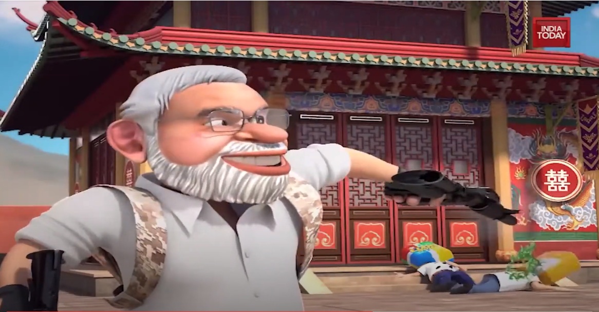 莫迪在影片中持雙槍與中國APP對決 圖:擷取自Youtube