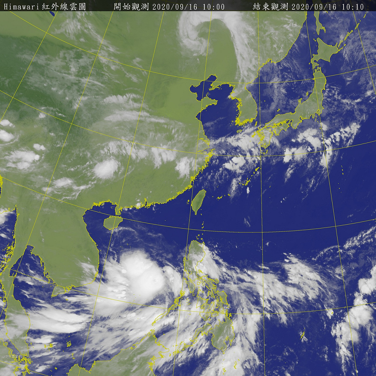 從衛星雲圖上可見，台灣上空目前晴朗無雲，而位在菲律賓西方海面上的雲系，在今凌晨2點已生成為熱帶系統，並持續成長當中。 圖：中央氣象局/提供