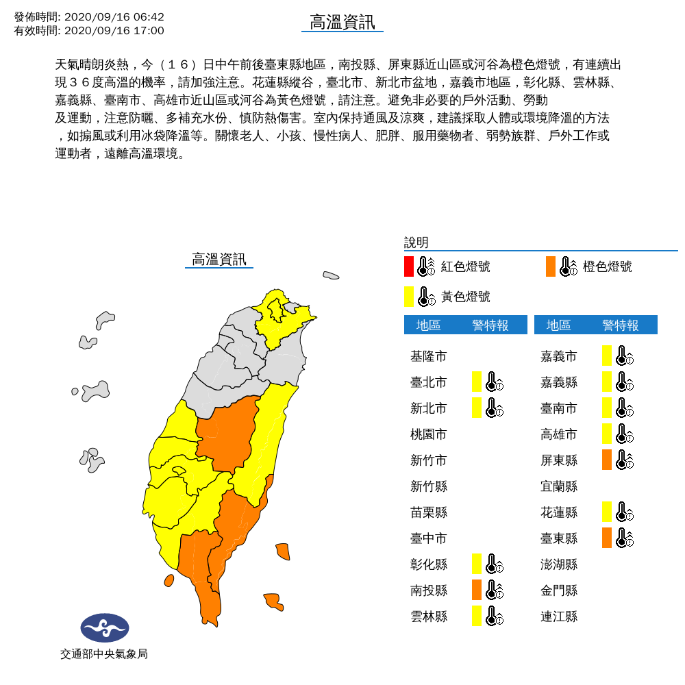 今天全台高溫分佈。 圖：中央氣象局/提供