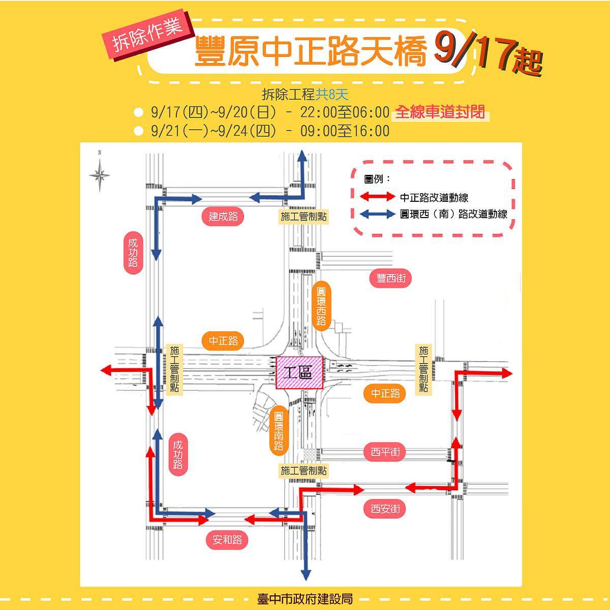 施工管制期間建議替代道路路線。 圖：台中市政府提供