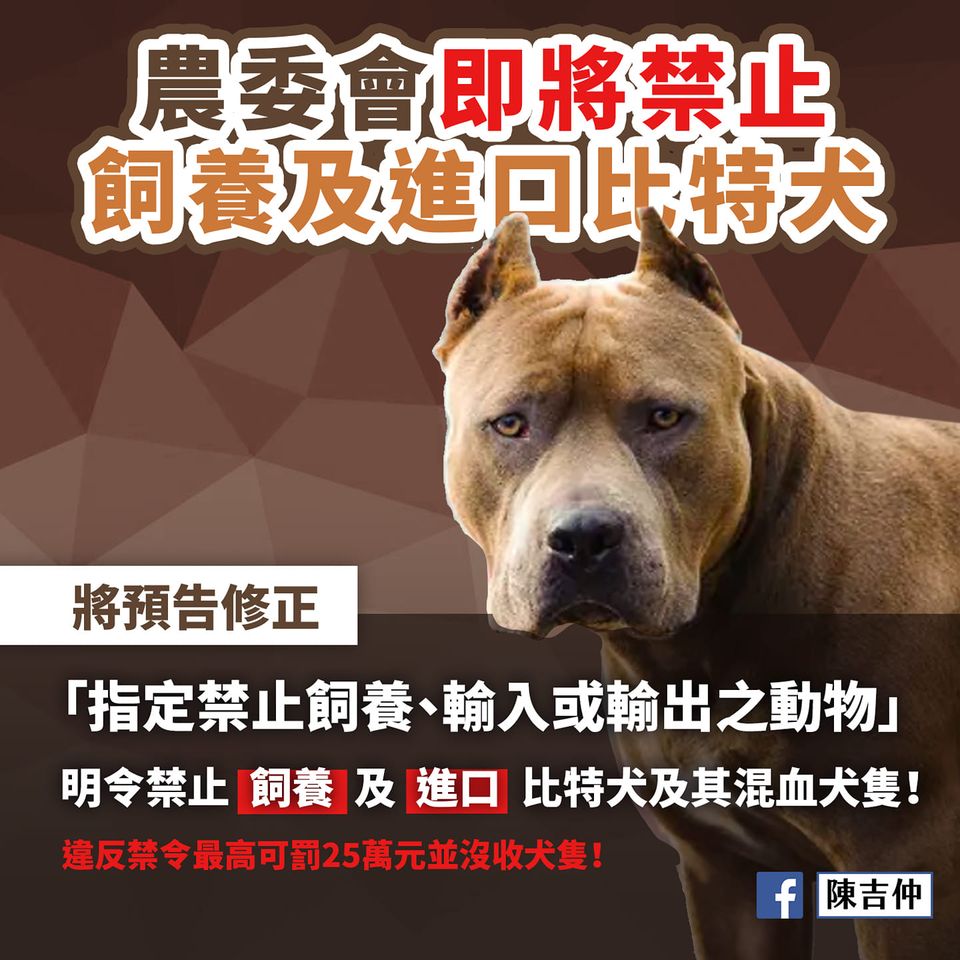 陳吉仲於粉絲專頁上公布農委會即將禁止飼養與進口比特犬的消息。 圖：取自陳吉仲粉絲專頁