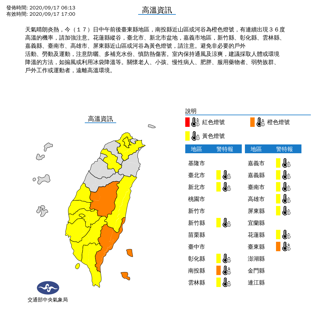 今天天氣炎熱，全台13個縣市將連續出現攝氏36度以上高溫。 圖：中央氣象局/提供