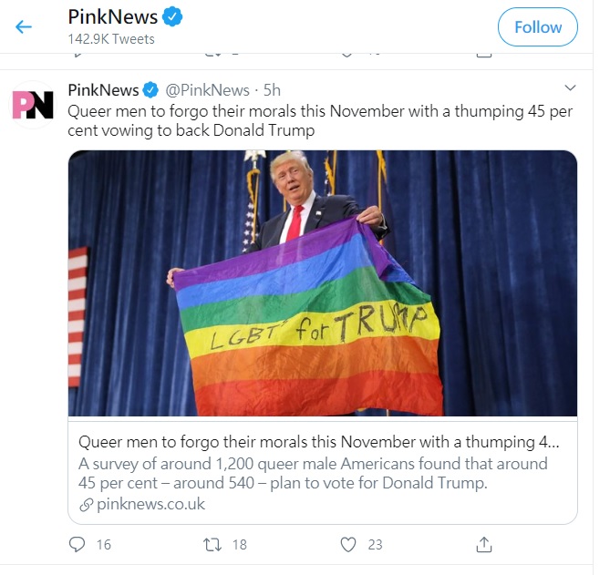 調查發現，美國男同志要投票給川普的比例高於全國平均值 圖：PinkNews推特
