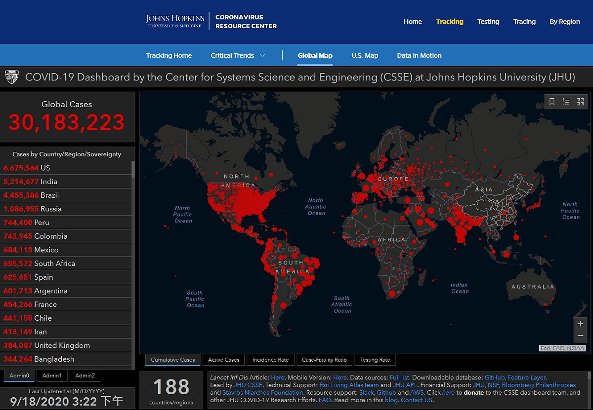武漢肺炎最新全球疫情圖。 圖 : 翻攝自Johns Hopkins University