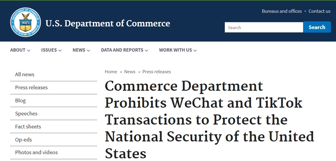 美國商務部長羅斯（Wilbur Ross）今天在官網發表聲明，指TikTok與WeChat這2款中國APP已構成國安威脅。 圖：翻攝自美國商務部官網