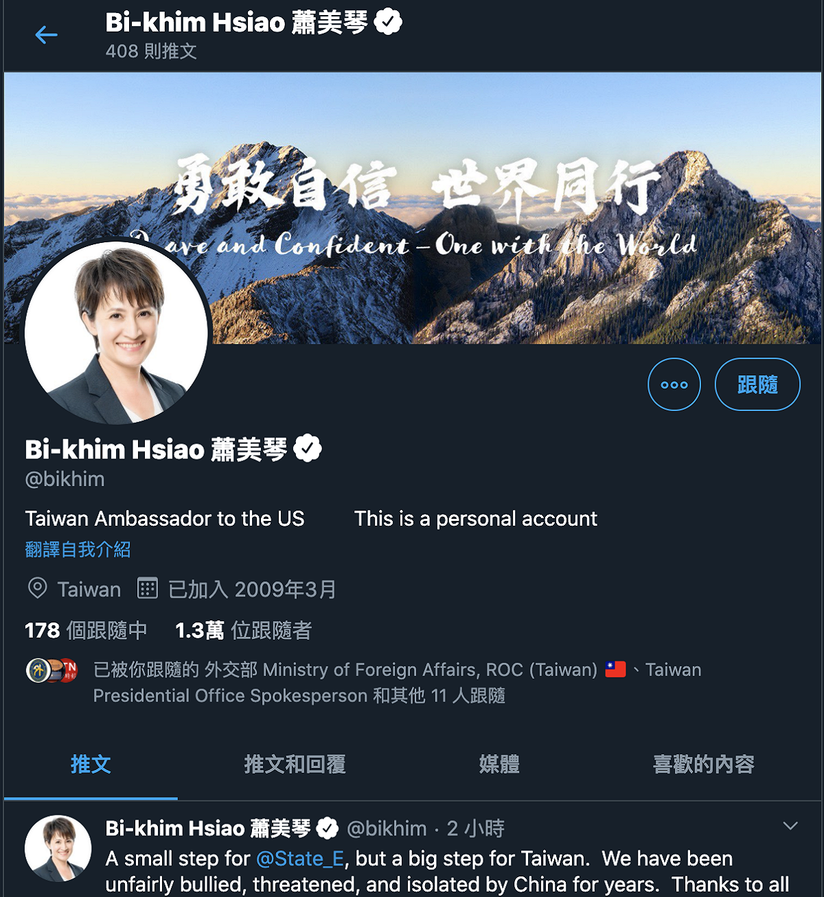 蕭美琴於推特簡介正名為「駐美大使」。 圖：翻攝蕭美琴推特