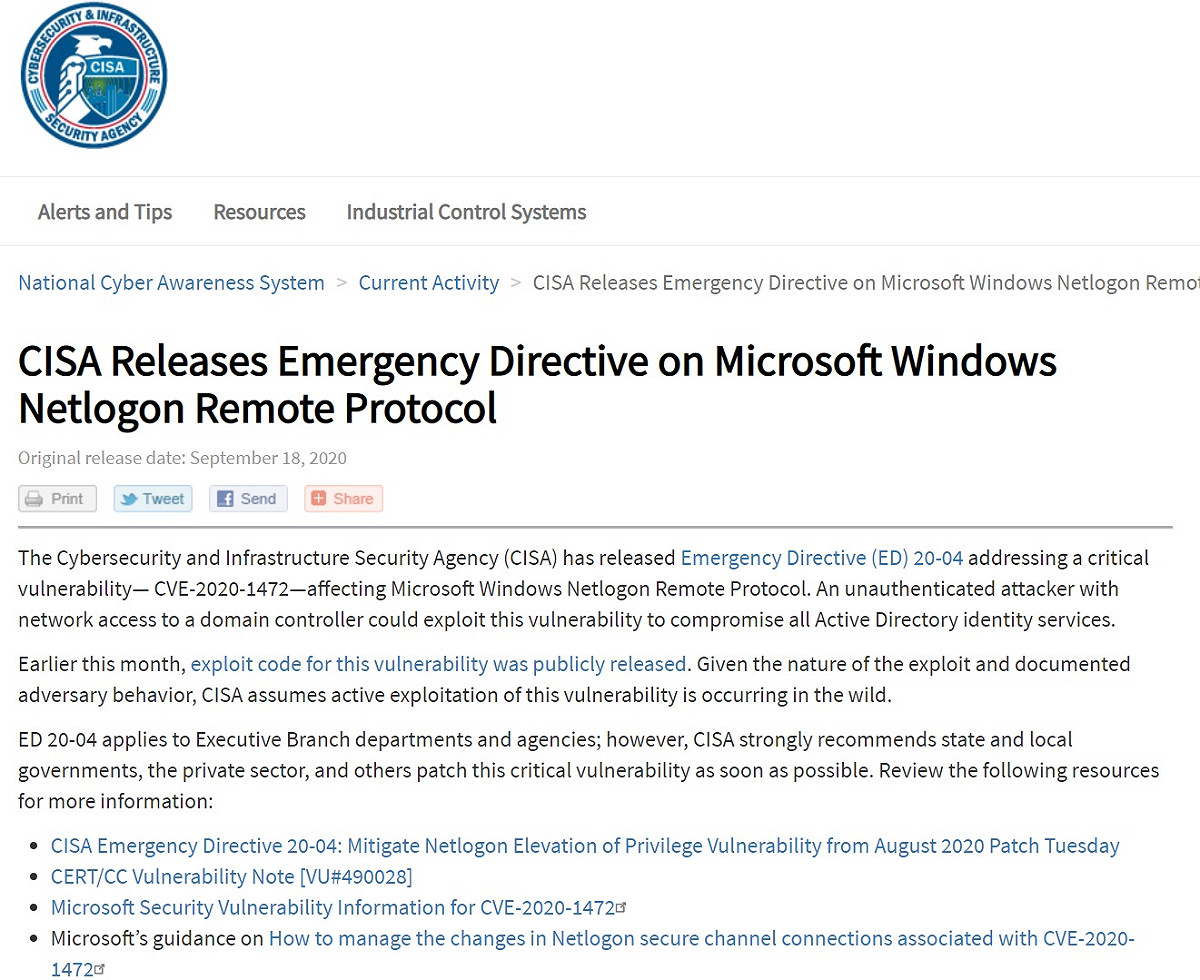 CISA警告政府各單位盡快修補微軟Windows Sever內的漏洞。 圖：取自官網