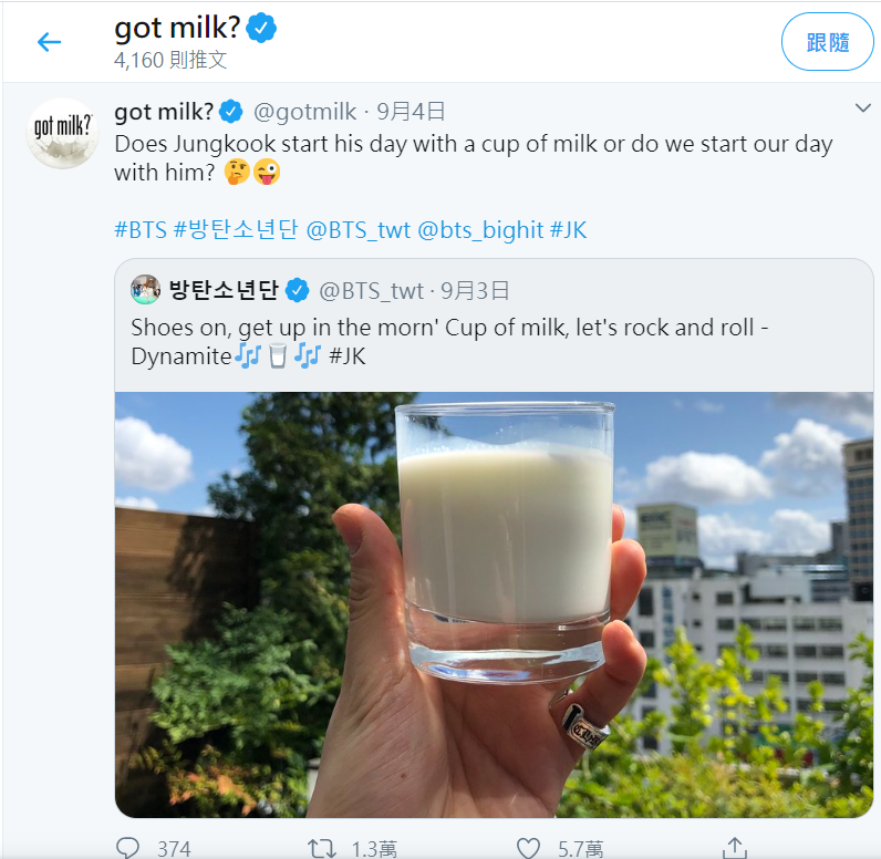 「got milk?｣轉發柾國的貼文，藉此宣傳促進飲用牛奶。 圖：截圖自got milk?推特
