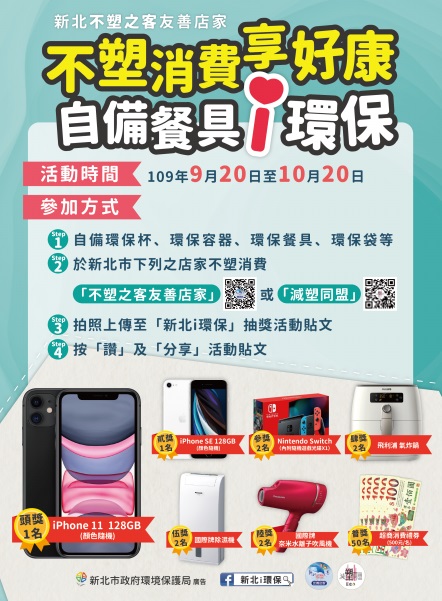 新北環保局舉辦不塑友善店家體驗，有iPhone11、Switch大獎等你抽。 圖：新北市環保局提供
