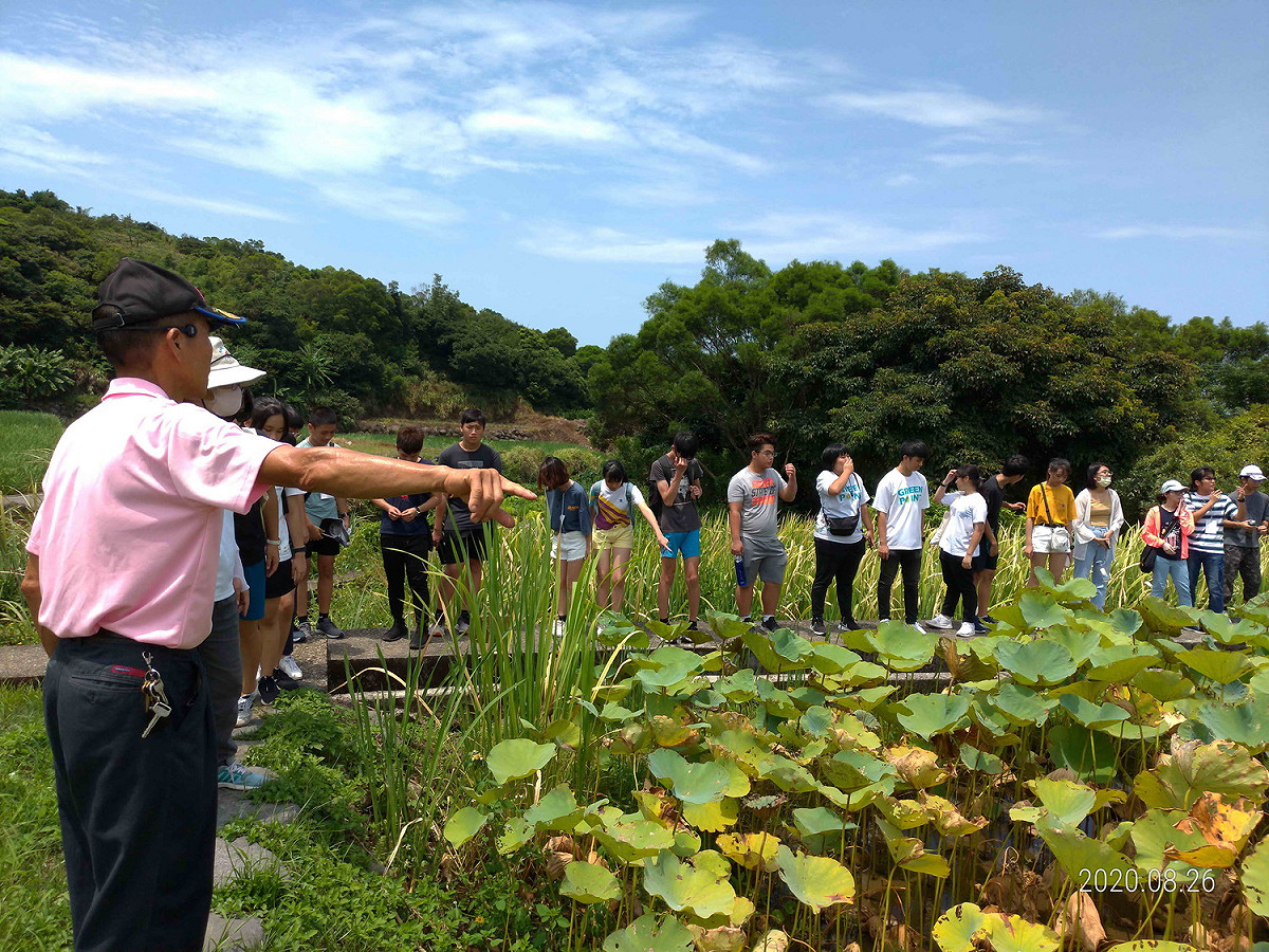 三芝關懷社區協會向參訪學員解說荷花的特性與經濟價值。  圖：新北市環保局提供