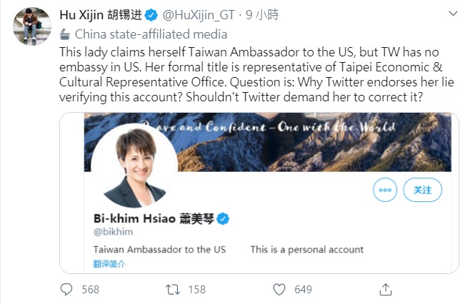 胡錫進質疑推特，應更正蕭美琴推特自介。 圖：翻攝自推特