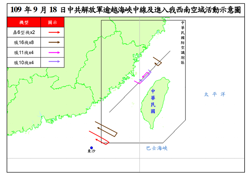9/18日共軍進入我空域航跡圖 圖:擷取自臉書