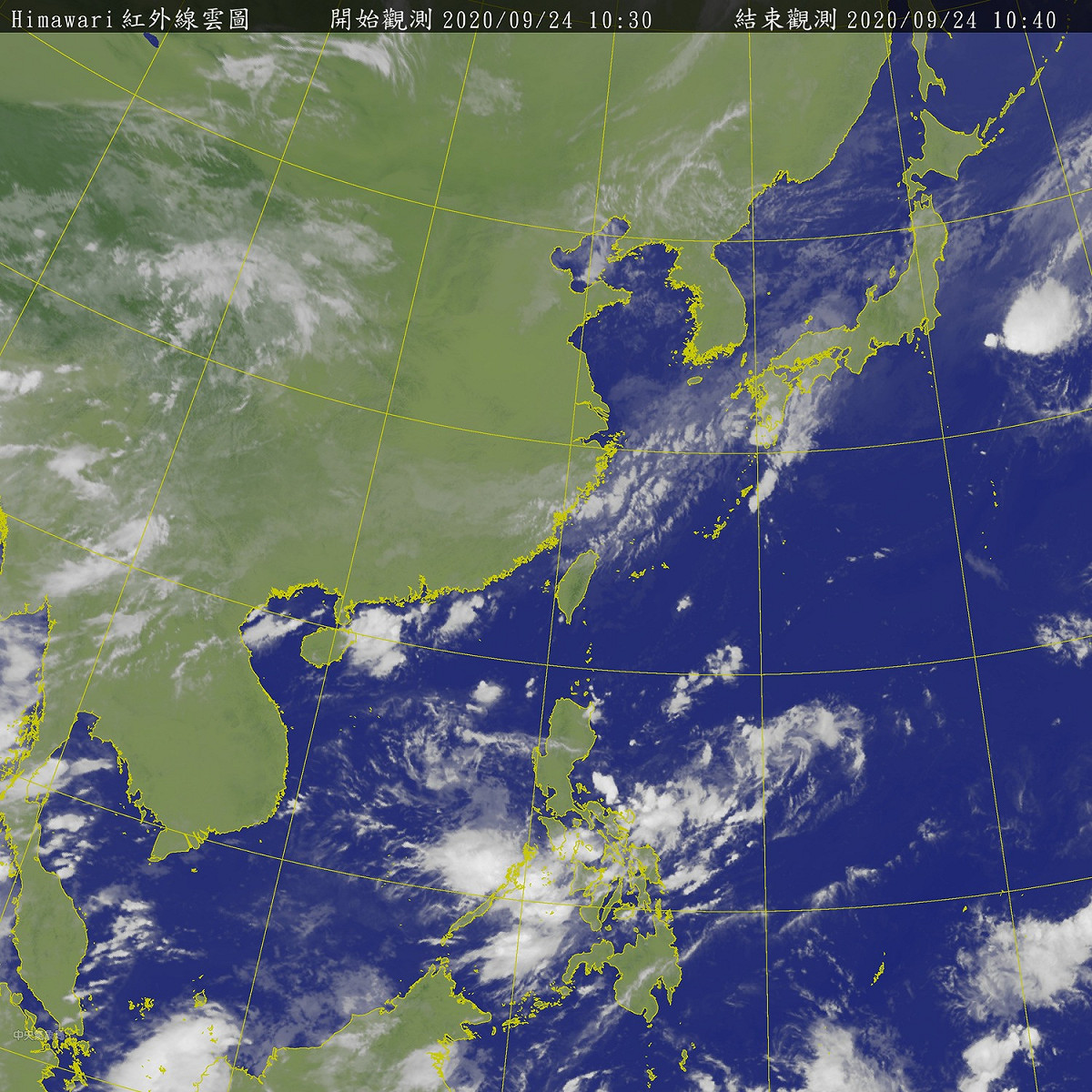 從衛星雲圖上可見，台灣上空附近的雲系仍是頗多。 圖：中央氣象局/提供