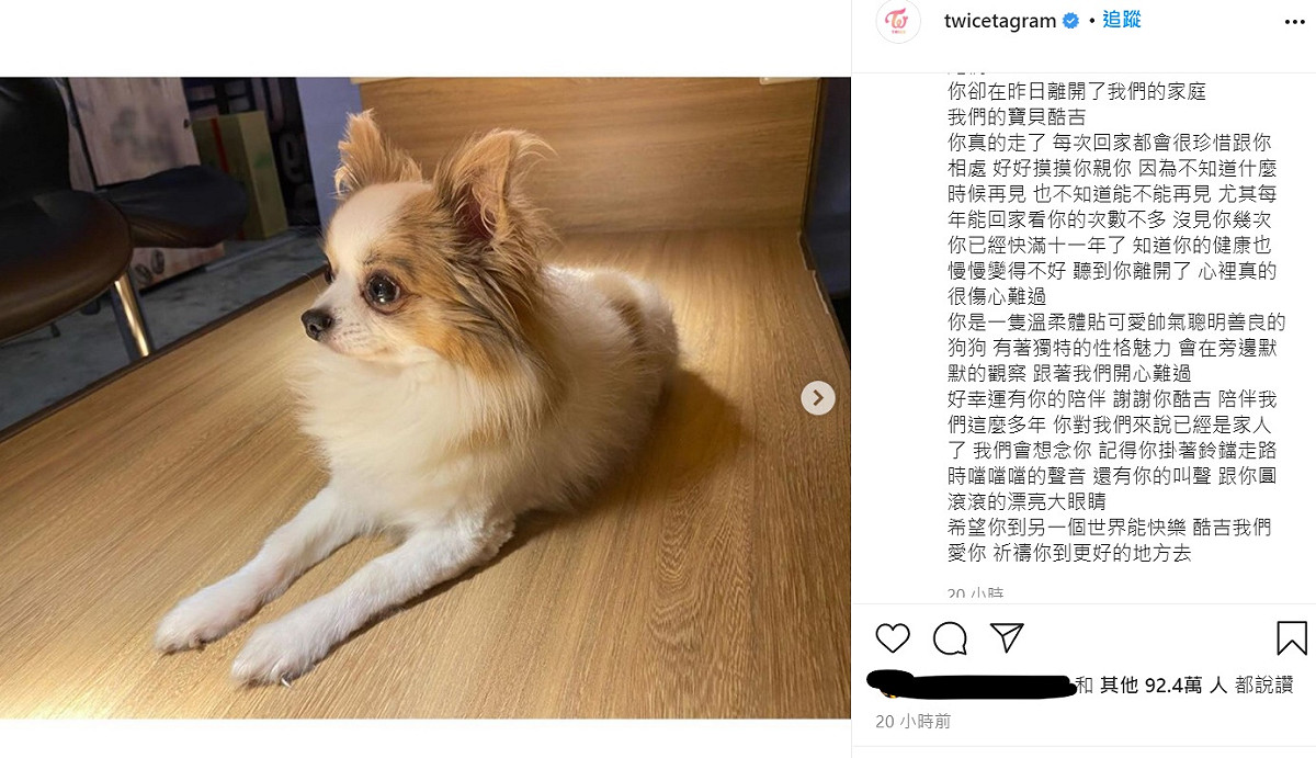 周子瑜發文哀悼愛犬Gucci。 圖：截圖自TWICE IG