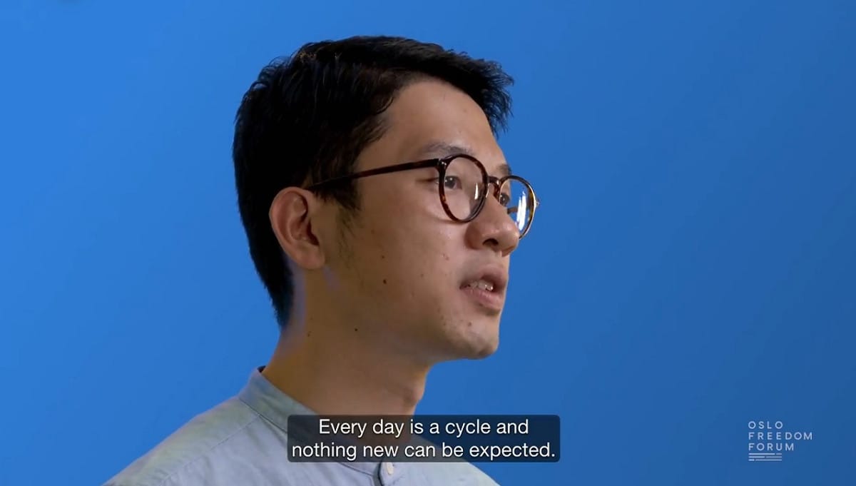 香港民主人士羅冠聰在奧斯陸自由論壇分享流亡海外的心情，呼籲世界支持香港。 圖：取自Oslo Freedom Forum臉書