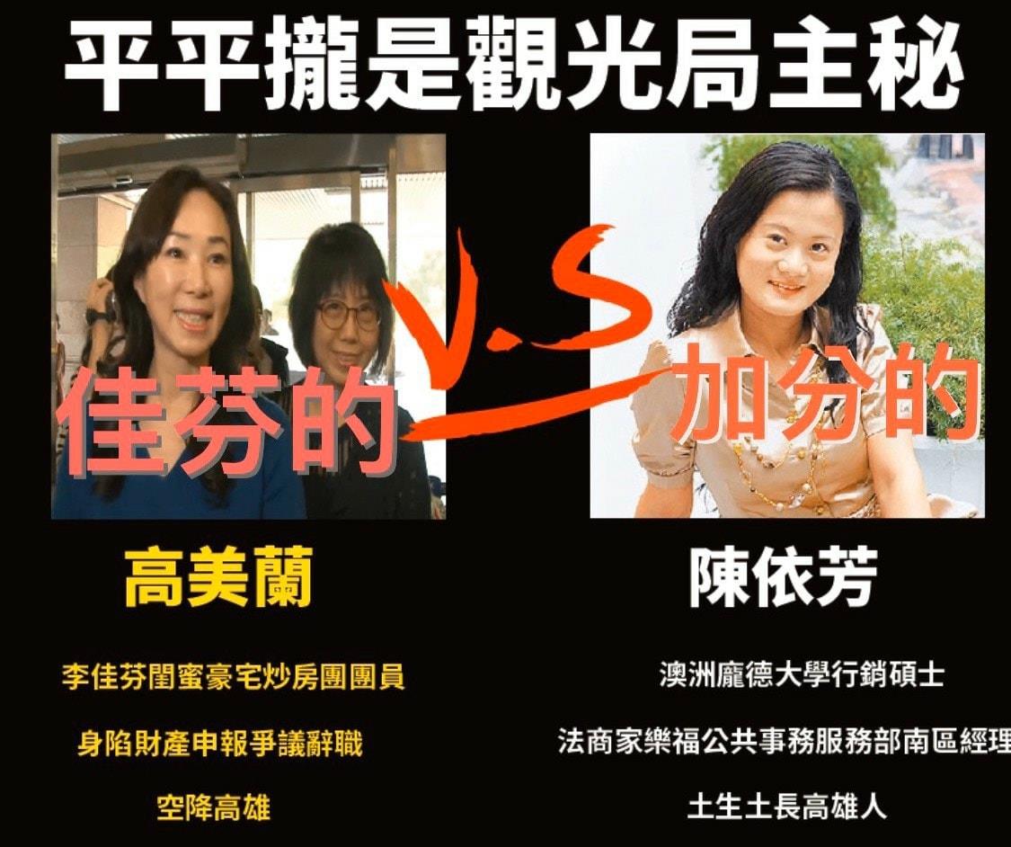 臉書粉專「只是堵藍」PO出自製圖表，列出高市府「閨密」翻版爭議的2人背景與經歷。 圖：翻攝只是堵藍臉書