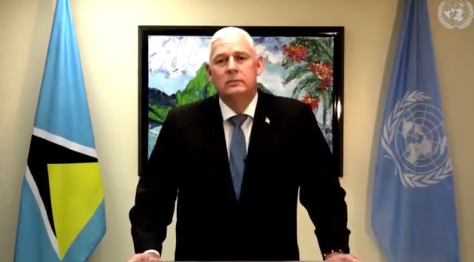 聖露西亞總理查士納（Allen Michael Chastanet）呼籲聯合國，現在是承認台灣，讓這個國家有意義參與全球進程，並分享最佳應變經驗的最好時機。 圖：擷取自聯合國網站影片