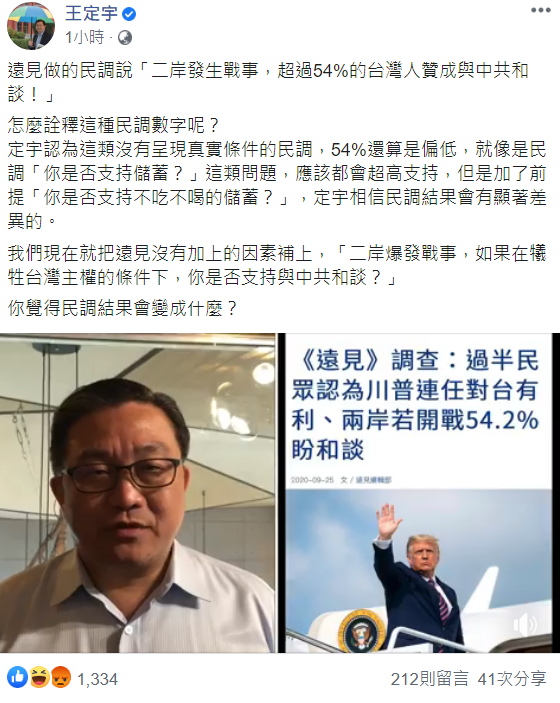 《遠見》民調指兩岸若戰54%贊成和談，王定宇今於臉書表示 ，認為這個數字偏低 翻攝自王定宇臉書