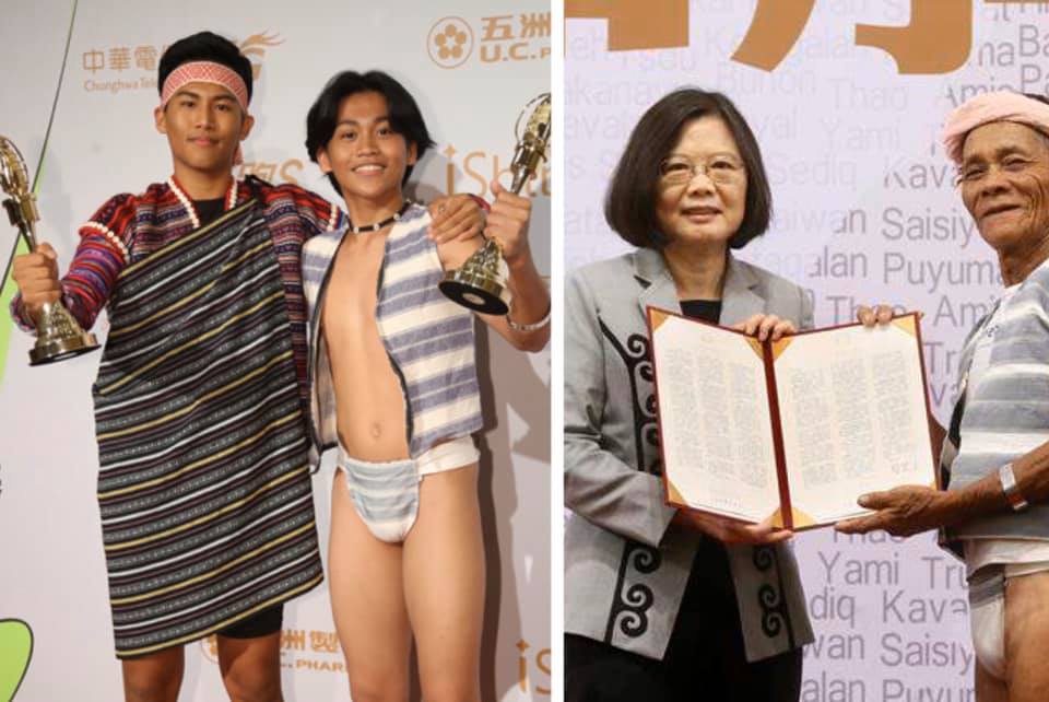 原住民立委伍麗華表示，見到族人以最慎重的態度穿上族服參加金鐘盛會，盛讚這是「多麼了不起的年輕人，自信、自覺！」主持人Buya（左圖左）與Pangoyod（左圖右）。右圖為總統蔡英文（左）會見達悟族耆老夏本．嘎納恩（右）。 圖：擷取自伍麗華｜Saidai / Reseres 臉書