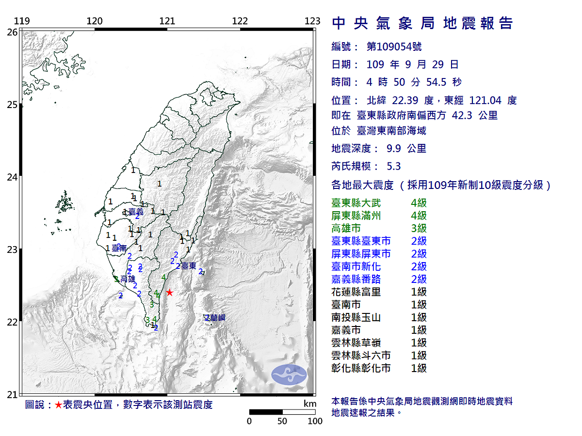 今晨台東連7震，未來一週內恐還會發生規模4以上地震。 圖：翻攝自中央氣象局